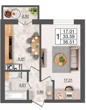 1-к кв. Смоленская область, Смоленск Максимум жилой комплекс (36.51 м)
