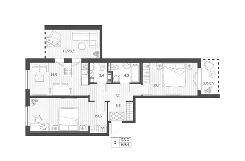 2-к кв. Дагестан, Дербент ул. Сальмана (69.4 м)