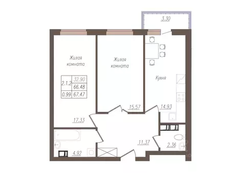2-к кв. Орловская область, Орел ул. Генерала Родина, 66Ак1 (67.2 м)