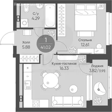 1-комнатная квартира: Екатеринбург, улица Учителей, 33/3 (41.02 м)