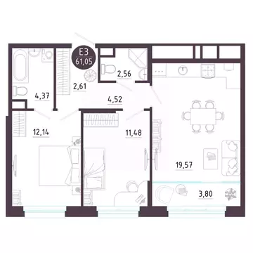2-к кв. Тульская область, Тула ул. Пряничная, 6 (61.05 м)