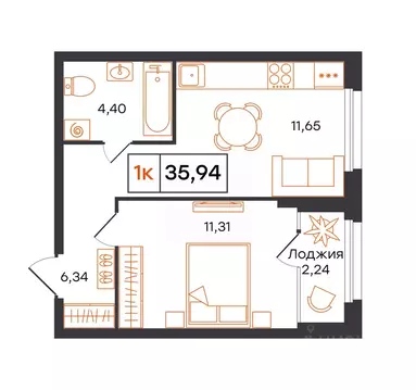 1-к кв. Тюменская область, Тюмень Фатера жилой комплекс (35.94 м)