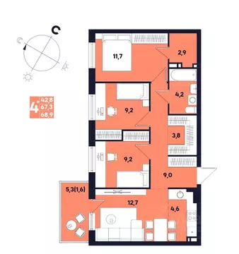 Студия Пермский край, д. Кондратово ул. Улановой, 6 (68.9 м)