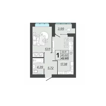 1-к кв. Брянская область, Брянск Архитектор жилой комплекс (42.6 м)