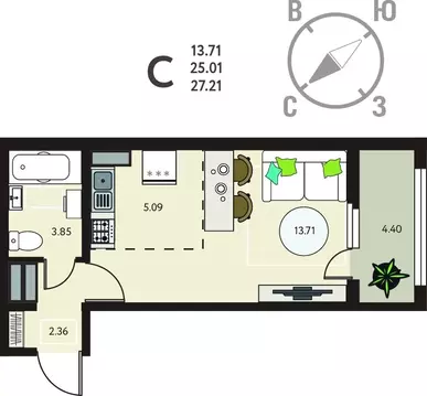 Квартира-студия: Курск, улица Энгельса, 115/6 (27.21 м)
