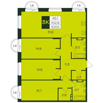 3-к кв. Чувашия, Чебоксары просп. Чебоксарский (104.4 м)