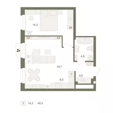 1-к кв. Башкортостан, Уфа Родина Парк жилой комплекс (48.8 м)