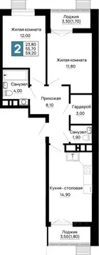 2-к кв. Адыгея, Тахтамукайский район, Яблоновский пгт  (59.2 м)