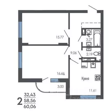 2-к кв. Воронежская область, Воронеж Оникс жилой комплекс (60.06 м)
