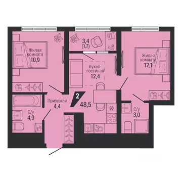 2-к кв. Свердловская область, Екатеринбург Вторчермет жилрайон,  (48.5 ...