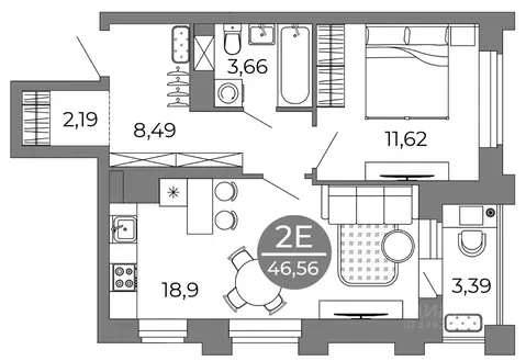 2-к кв. Воронежская область, Воронеж Галилей жилой комплекс (46.56 м)