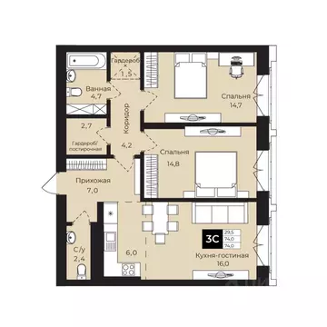 2-к кв. Башкортостан, Уфа ул. Ленина, 192 (74.0 м)