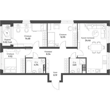 3-к кв. Свердловская область, Екатеринбург бул. Вдохновения, 4 (88.4 ...
