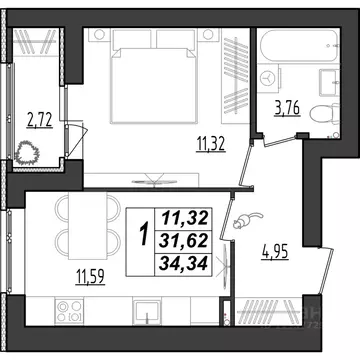 1-к кв. Мордовия, Саранск Химмаш жилрайон, 4-й мкр,  (34.34 м)