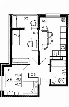 2-комнатная квартира: Аксай, ЖК Флора (42.7 м)