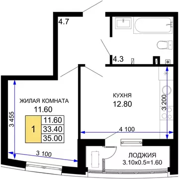 1-к кв. Краснодарский край, Краснодар Фонтаны жилой комплекс (35.0 м)