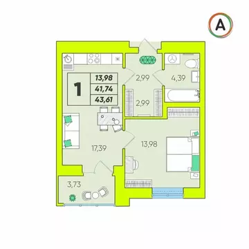 1-к кв. Калужская область, Калуга Зеленый жилой комплекс (43.61 м)