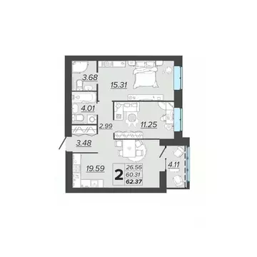 2-к кв. Брянская область, Брянск Архитектор жилой комплекс (62.37 м)