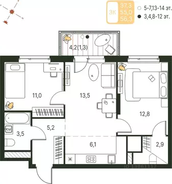 Студия Пермский край, Пермь ул. Серебристая, 1 (56.3 м)