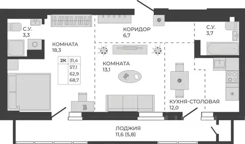 2-к кв. Алтайский край, Барнаул тракт Павловский, 251Б (62.9 м)