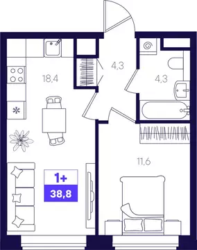1-комнатная квартира: Тюмень, жилой комплекс Отличие (38.8 м)