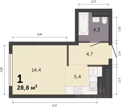 Студия Свердловская область, Екатеринбург Южный жилрайон,  (28.8 м)