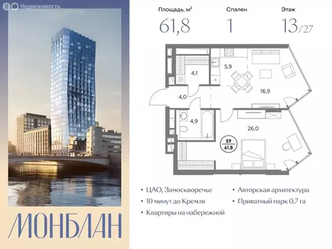 1-комнатная квартира: Москва, Шлюзовая набережная, 3 (61.8 м)