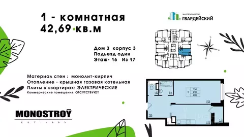 1-к кв. Владимирская область, Владимир ул. Родионовка, 14к3 (42.69 м)
