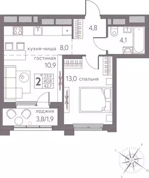 Студия Пермский край, Пермь ул. Серебристая, 3 (42.7 м)