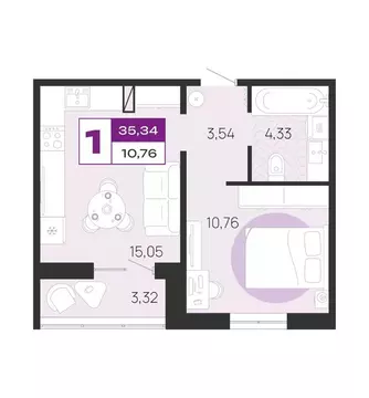1-к кв. Брянская область, Брянск Медовый кв-л, поз7 (35.34 м)