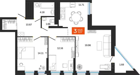 3-к кв. Башкортостан, Уфа ул. Султанова, 28 (76.31 м)