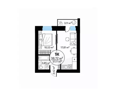 1-к кв. Самарская область, Самара пос. Мехзавод, 1-й кв-л, 50 (38.72 ...