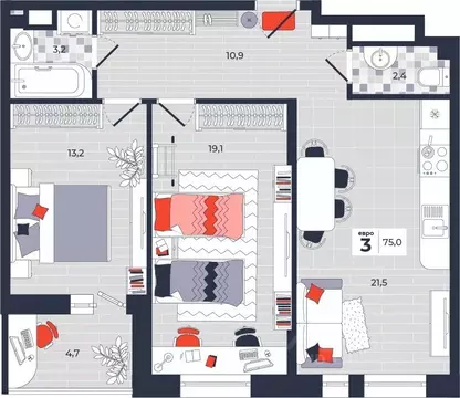 3-к кв. Тульская область, Тула ул. Академика Насоновой, 1А (75.0 м)