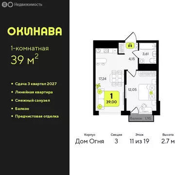 1-комнатная квартира: Тюмень, жилой комплекс Окинава (39 м)