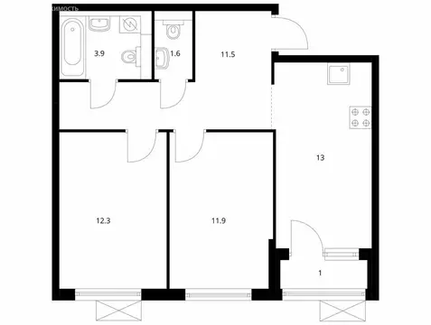 2-комнатная квартира: Ярославль, улица Академика Колмогорова, 24 (55.5 ...