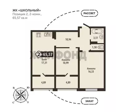 2-к кв. Брянская область, Брянск Школьный жилой комплекс (65.57 м)