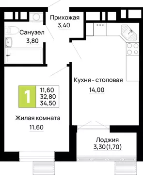 1-к кв. Адыгея, Тахтамукайский район, Яблоновский пгт  (34.5 м)