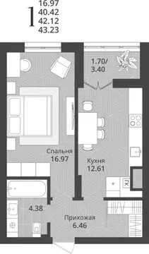 1-к кв. Калининградская область, Калининград Осенняя ул., 34 (42.12 м)