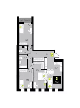 3-комнатная квартира: Тюмень, улица Пожарных и Спасателей, 14 (92.24 ...