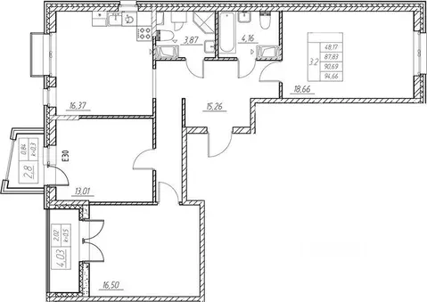 Квартира, 3 комнаты, 87.83 м