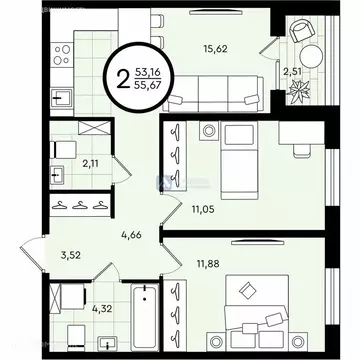 2-комнатная квартира: Тюмень, улица Бориса Быстрых, 11 (55.67 м)