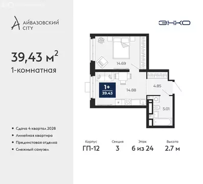 1-комнатная квартира: Тюмень, ЖК Айвазовский Сити (39.43 м)