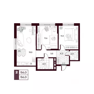 2-к кв. Тюменская область, Тюменский муниципальный округ, д. Дударева ...