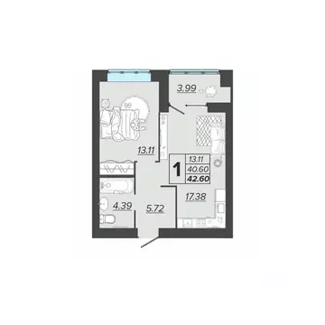 1-к кв. Брянская область, Брянск Архитектор жилой комплекс (42.6 м)