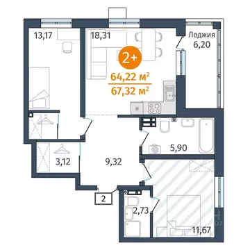 2-к кв. Тюменская область, Тюменский муниципальный округ, д. Дударева ...