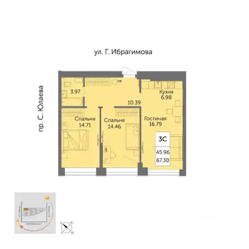 3-к кв. Башкортостан, Уфа ул. Художника Позднова, 13 (66.7 м)