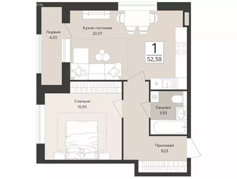 1-комнатная квартира: Воронеж, набережная Массалитинова, 1/1 (52.38 м)
