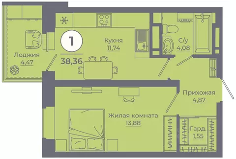 1-к кв. Ростовская область, Ростов-на-Дону ул. Еременко, 113 (38.02 м)