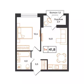1-комнатная квартира: Тюмень, ЖК UNO (41.8 м)