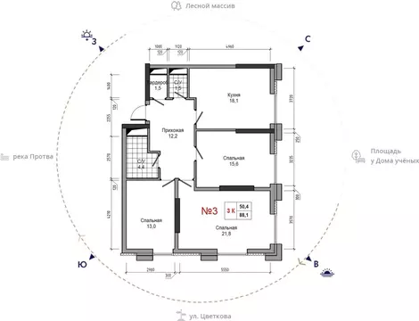3-комнатная квартира: Обнинск, улица Усачёва, 4 (88.1 м)